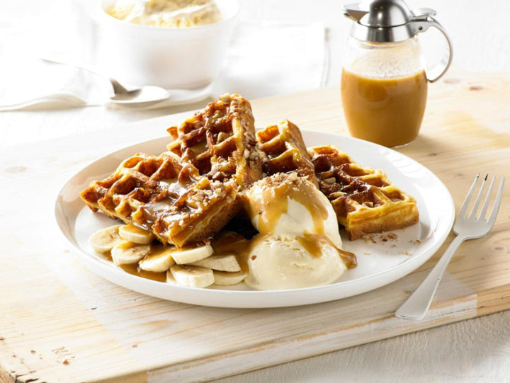 Banana Pecan and Caramel Waffles